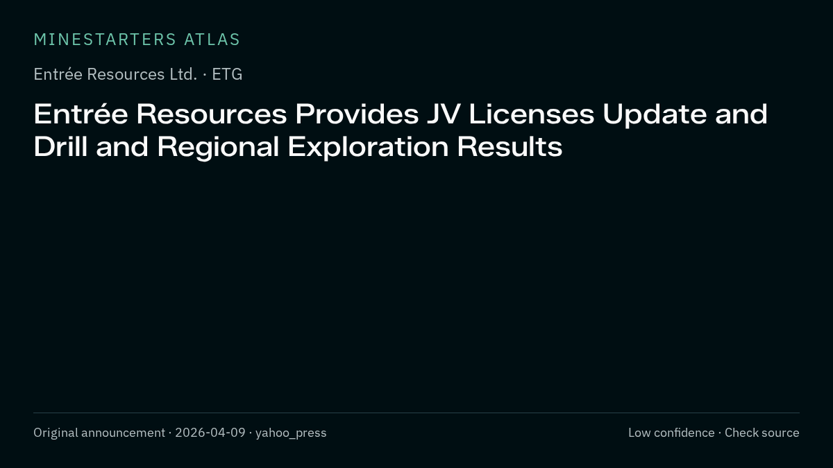 Atlas analysis — Entrée Resources Ltd.: Entrée Resources Provides JV Licenses Update and Drill and Regional Exploration Results