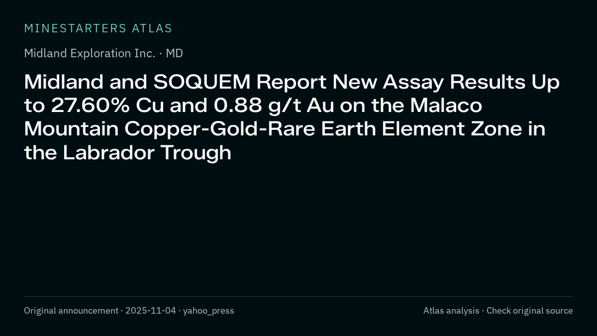 Atlas analysis — Midland Exploration Inc.: Midland and SOQUEM Report New Assay Results Up to 27.60% Cu and 0.88 g/t Au on the Malaco Mountain Copper-Gold-Rare Earth Element Zone in the Labrador Trough