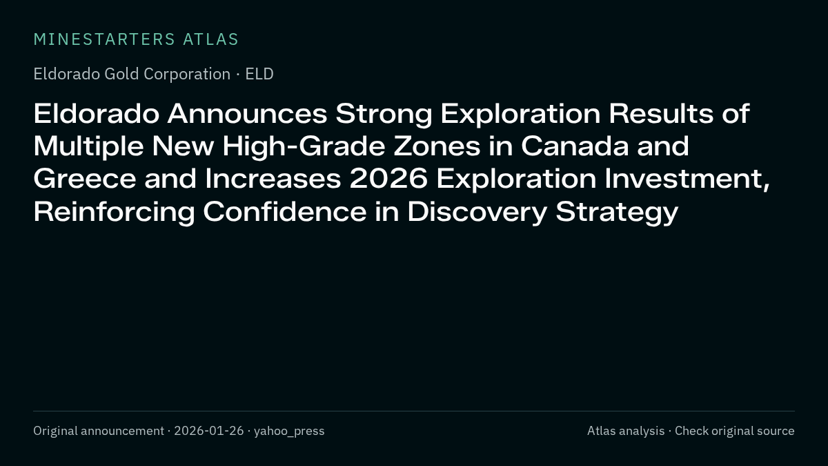 Atlas analysis — Eldorado Gold Corporation: Eldorado Announces Strong Exploration Results of Multiple New High-Grade Zones in Canada and Greece and Increases 2026 Exploration Investment, Reinforcing Confidence in Discovery Strategy