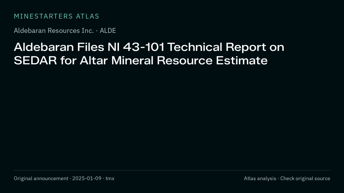 Atlas analysis — Aldebaran Resources Inc.: Aldebaran Files NI 43-101 Technical Report on SEDAR for Altar Mineral Resource Estimate