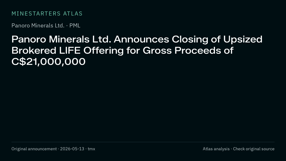 Atlas analysis — Panoro Minerals Ltd.: Panoro Minerals Ltd. Announces Closing of Upsized Brokered LIFE Offering for Gross Proceeds of C$21,000,000