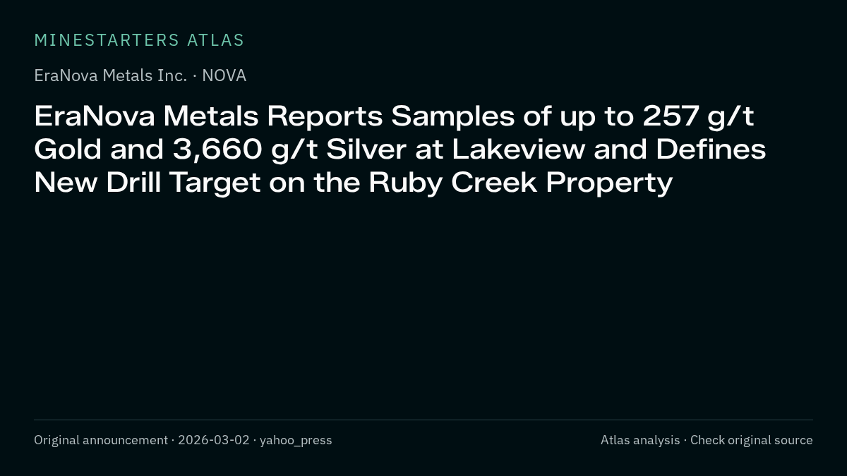 Atlas analysis — EraNova Metals Inc.: EraNova Metals Reports Samples of up to 257 g/t Gold and 3,660 g/t Silver at Lakeview and Defines New Drill Target on the Ruby Creek Property