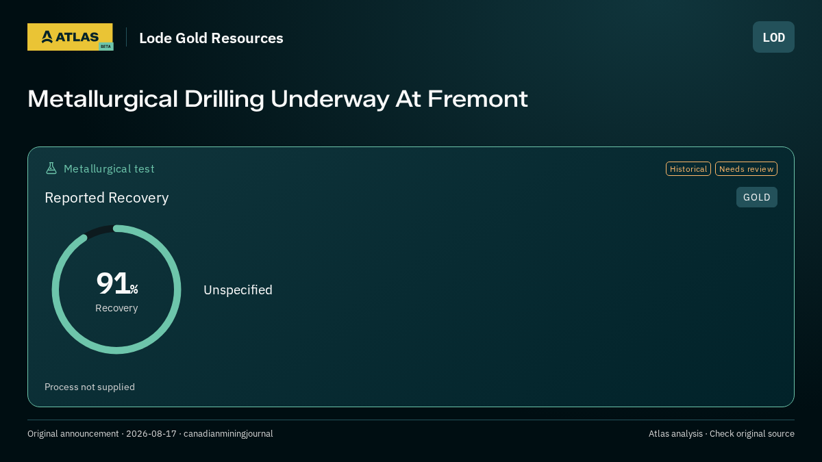 Atlas analysis — Lode Gold Resources: Metallurgical Drilling Underway At Fremont. 91% recovery