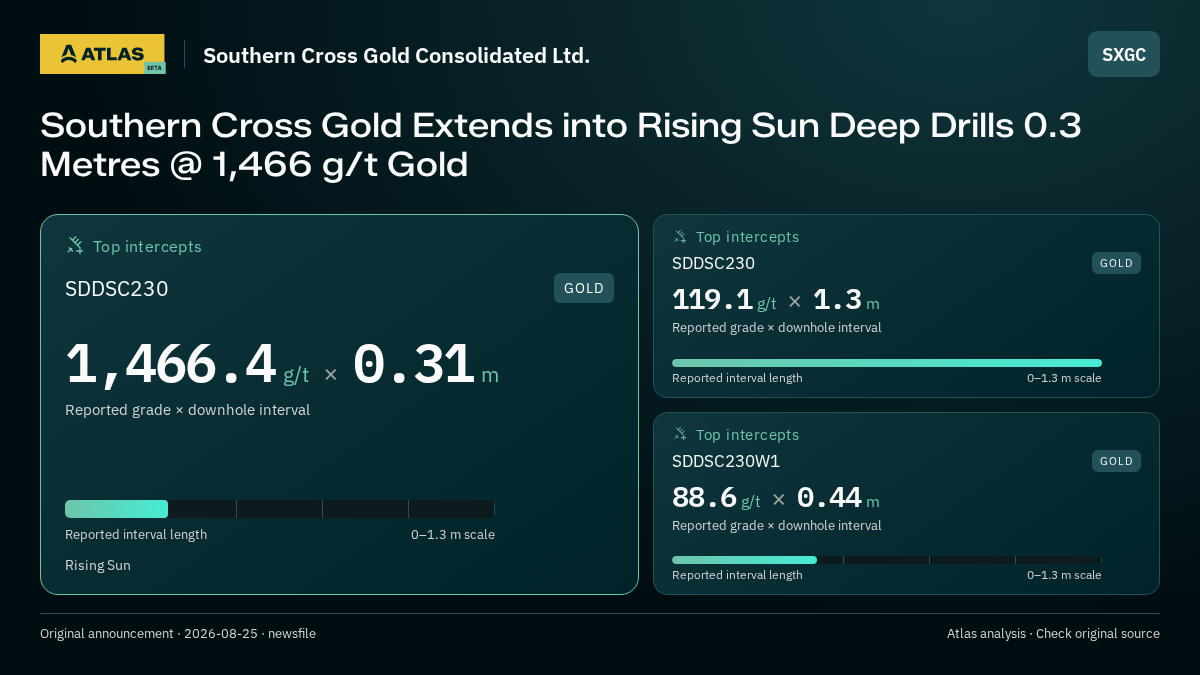 Atlas analysis — Southern Cross Gold Consolidated Ltd.: Southern Cross Gold Extends into Rising Sun Deep Drills 0.3 Metres @ 1,466 g/t Gold. 1466.4 g/t over 0.31 m; 119.1 g/t over 1.3 m; 88.6 g/t over 0.44 m