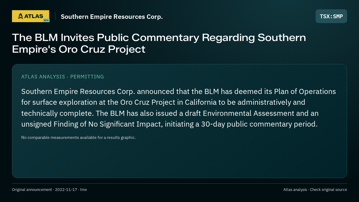 Atlas analysis — Southern Empire Resources Corp.: The BLM Invites Public Commentary Regarding Southern Empire's Oro Cruz Project