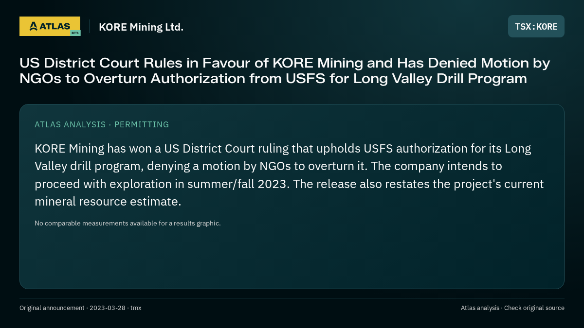 Atlas analysis — KORE Mining Ltd.: US District Court Rules in Favour of KORE Mining and Has Denied Motion by NGOs to Overturn Authorization from USFS for Long Valley Drill Program