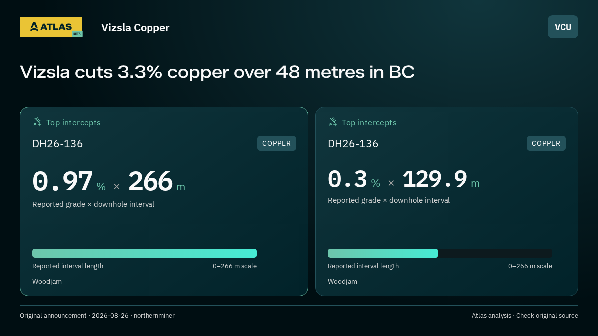 Atlas analysis — Vizsla Copper: Vizsla cuts 3.3% copper over 48 metres in BC. 0.97 % over 266 m; 0.3 % over 129.9 m
