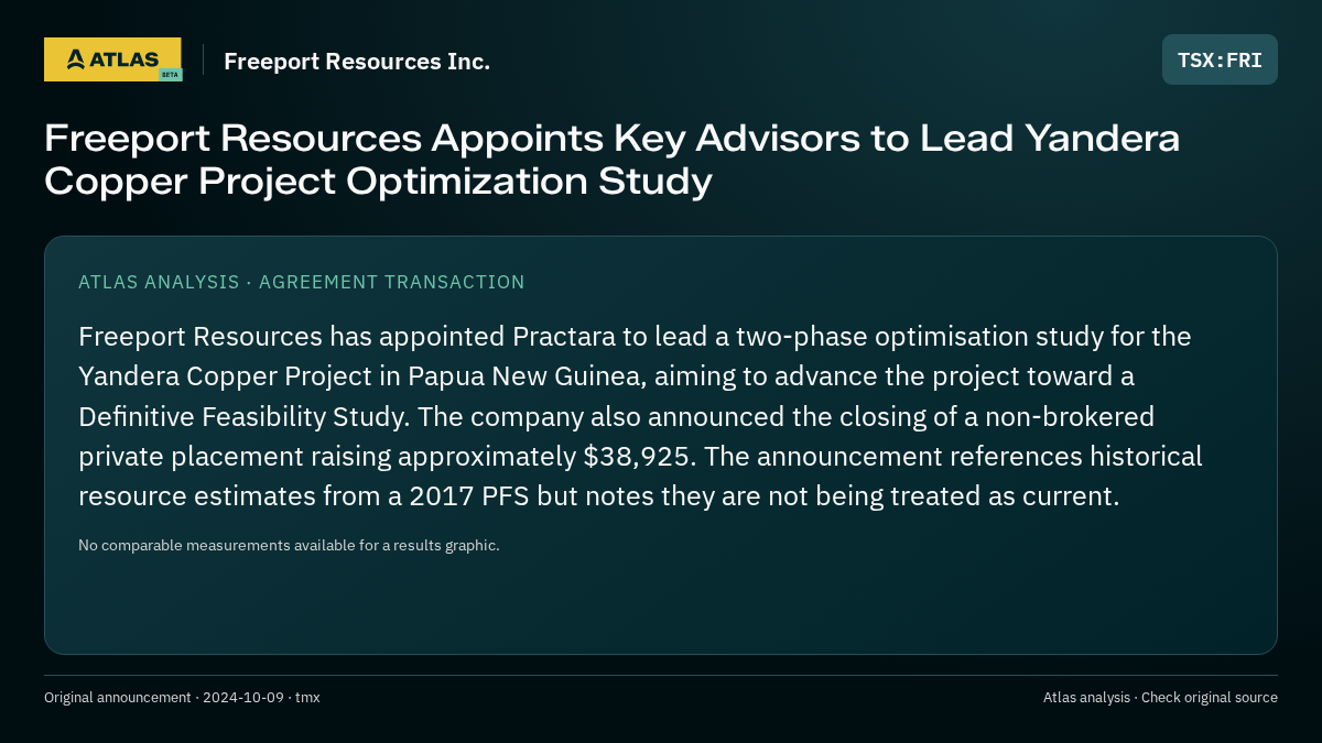 Atlas analysis — Freeport Resources Inc.: Freeport Resources Appoints Key Advisors to Lead Yandera Copper Project Optimization Study