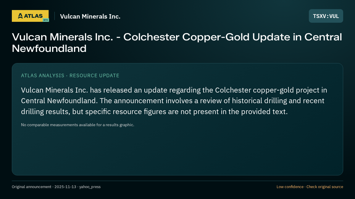 Atlas analysis — Vulcan Minerals Inc.: Vulcan Minerals Inc. - Colchester Copper-Gold Update in Central Newfoundland