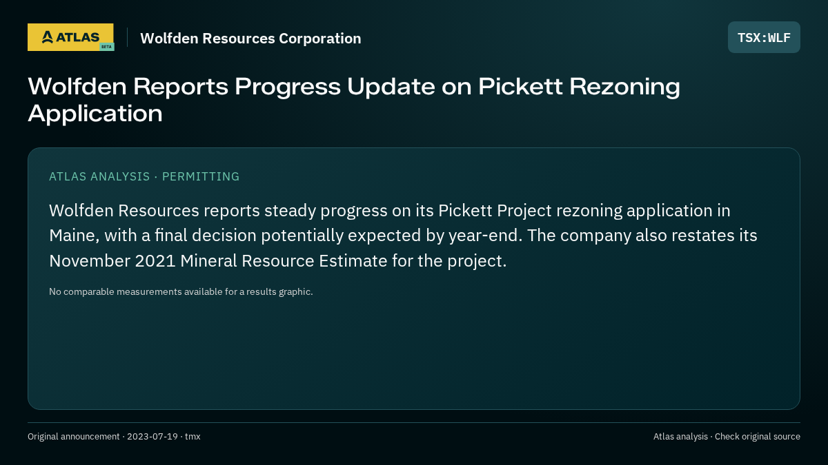 Atlas analysis — Wolfden Resources Corporation: Wolfden Reports Progress Update on Pickett Rezoning Application